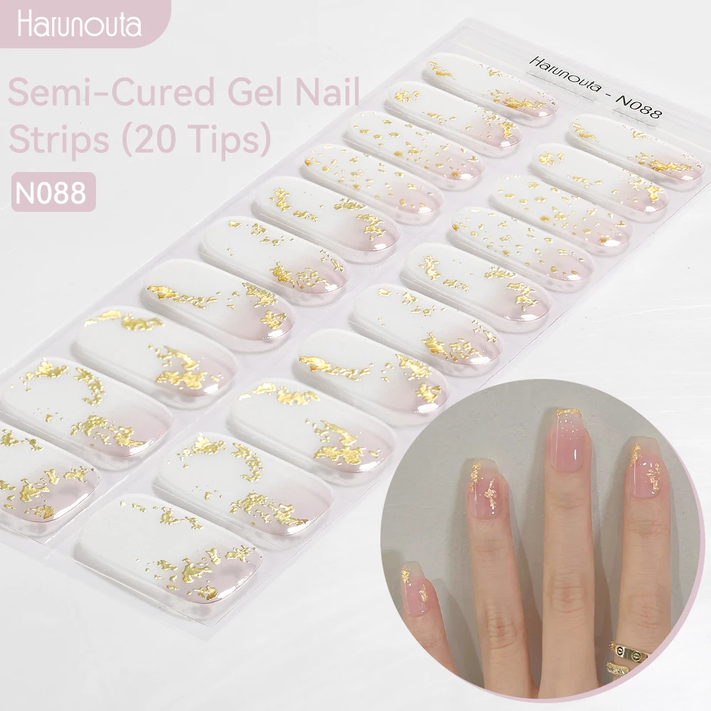 Harunouta Gold Foil Semi-Cured Gel Nail Stickers Adhesive Waterproof Long Lasting Full Cover Gel Nail Stickers UV Lamp Needed