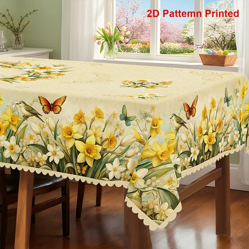 One piece, a summer and spring-themed pressed-edge tablecloth with a vintage butterfly and narcissus flower pattern design.