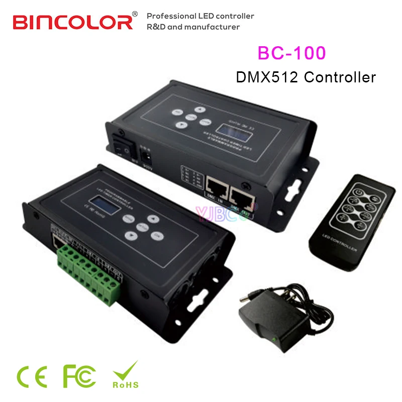 

DMX512/SPI signal Dimmer Wireless RF Remote switch BC-100 RGB IC Pixel LED Strip light controller 9VDC connector XLR-3, RJ45