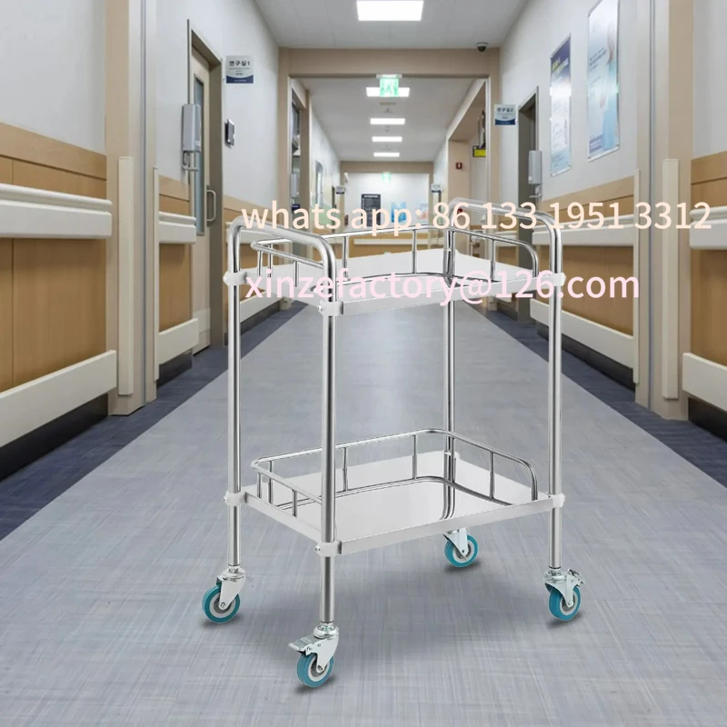 Troli Perawatan Stainless Steel 2 Rak yang Dapat Disesuaikan, Troli Instrumen Tiga Lapis