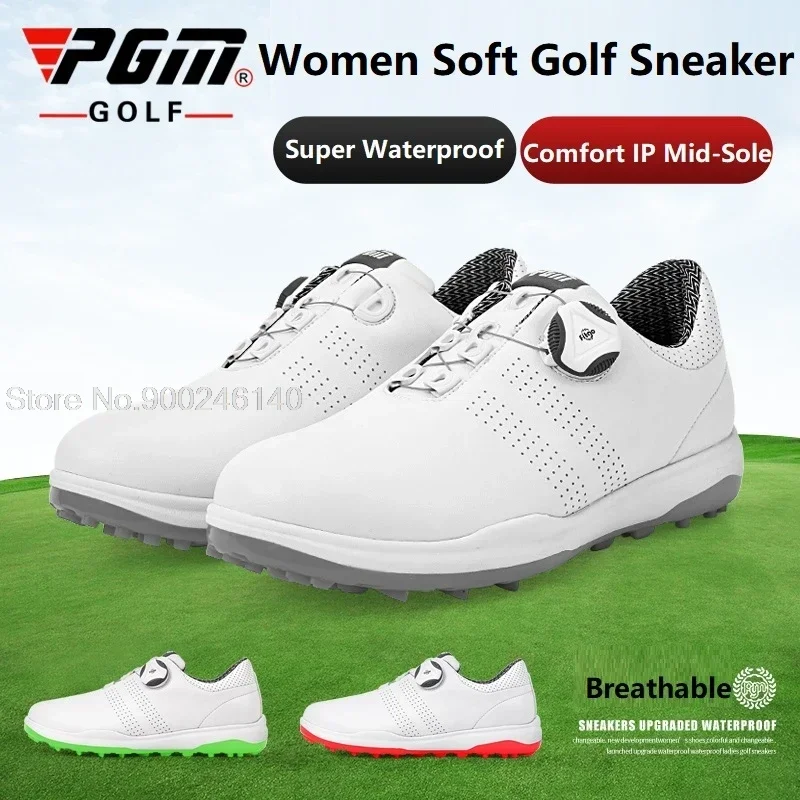 Pgm Women's Waterproof Golf Shoes Ladies Rotating Buckle Sneakers Microfiber Anti-Slip Golf Ball Shoes Outdoor Sports Trainer