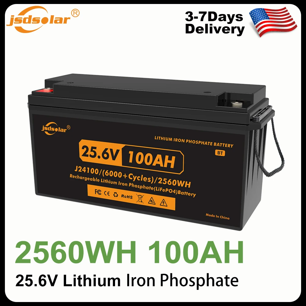 Jsdsolar 2560WH Lithium LiFePO4 Battery 25.6V 100Ah Metal Case LiFePO4 Battery Low Temp Cutoff - Built-in 100A BMS Deep Cycle for Camper Support Solar Panels Rechargeable Battery
