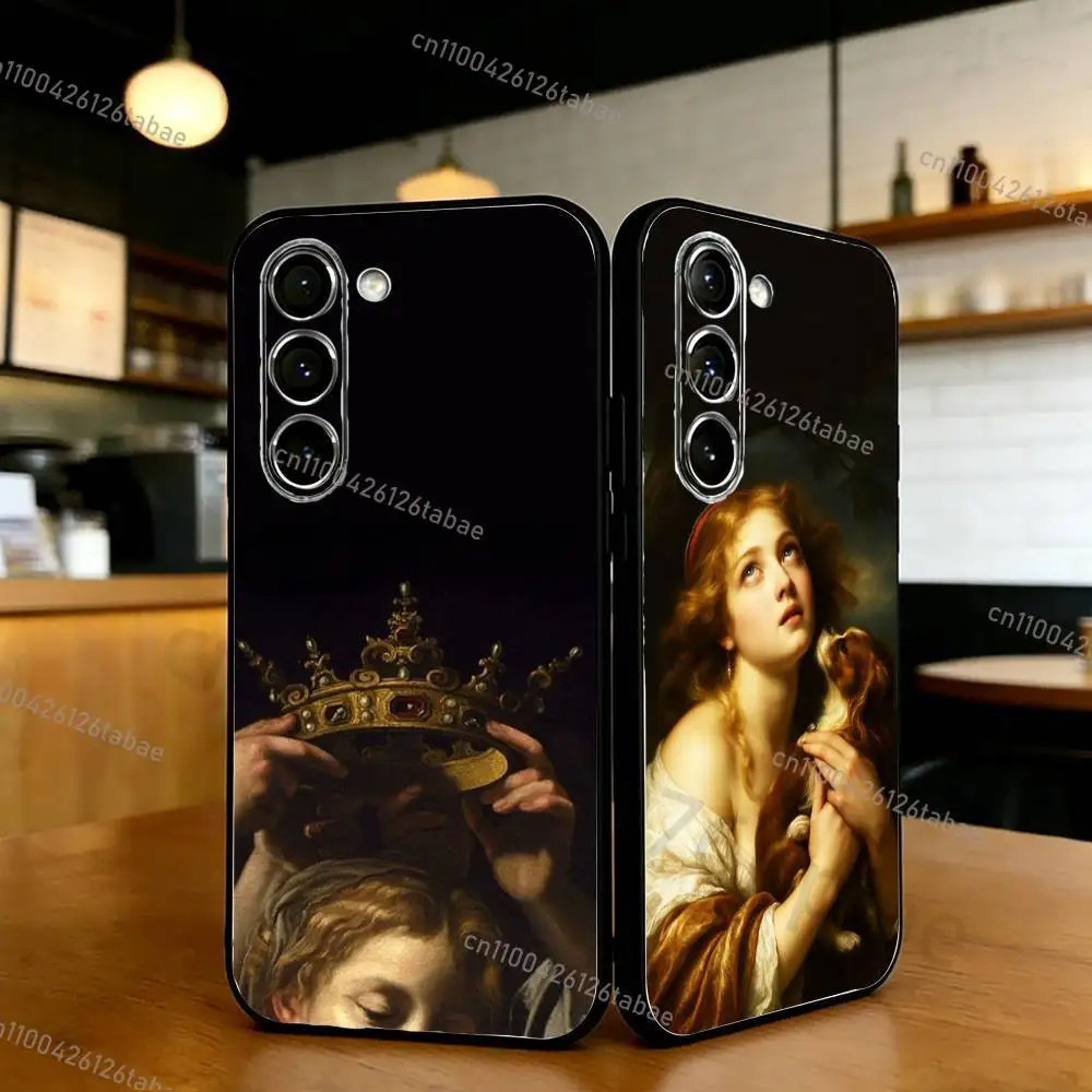 INS Renaissance Art Paintings Phone Case For Samsung S24,21,22,23,30,Ultra,20,Plus,Note,10,9,Black soft silicone case
