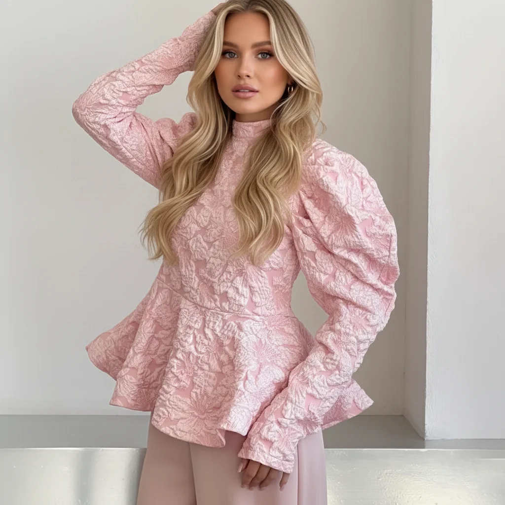 2026 Winter Spring Embroidery Women Top Fashion Lantern Long Sleeve O-neck Pleated Female Blouse Sweet Lady Solid Clothes