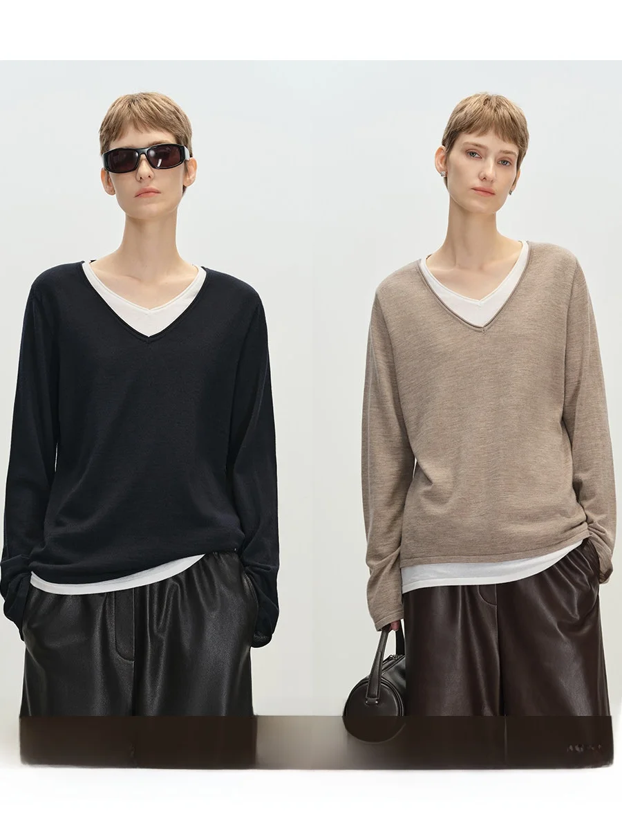 

MSBEAST Pure Wool V-ne Knitwear Women's Loose Fit Color Blo Double Layer Fake Two-Piece Comfortable Skin-friendly