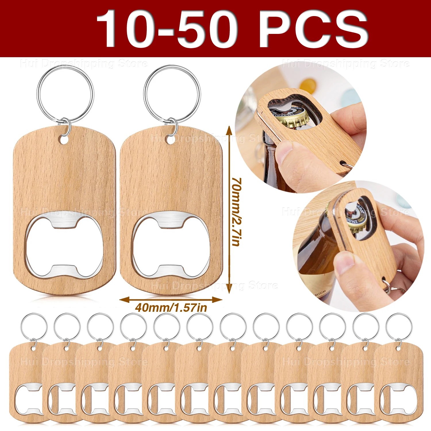 10-50Pcs Pocket Wooden Bottle Opener keychain — Car key ring, Backpack Clip and Practical Gift Favor