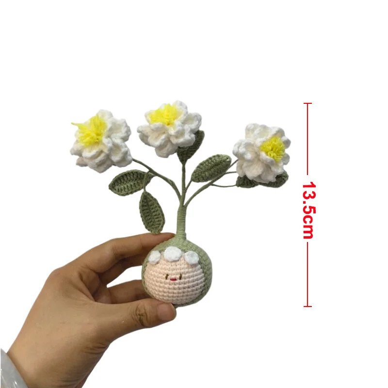 Crochet Artificial Plants Fake Flower Potted Hand Woven Gardenia Bonsai Handmade Woven Simulated Flower Kid Home Decorations