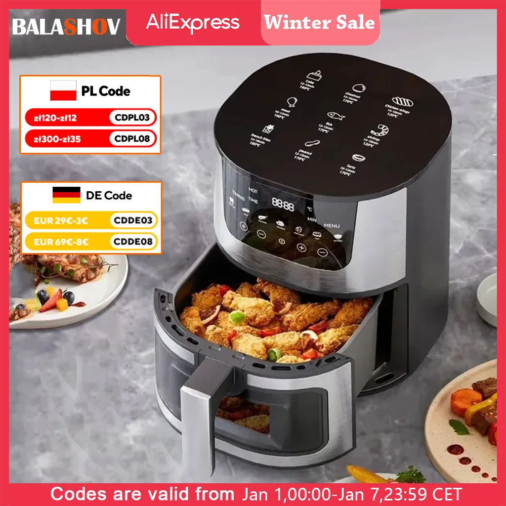 1400W Electric Air Fryer Smart Multi-function Hot Convection Oven Deep Fryer Without Oil LED Touch Control 5L Visible Window