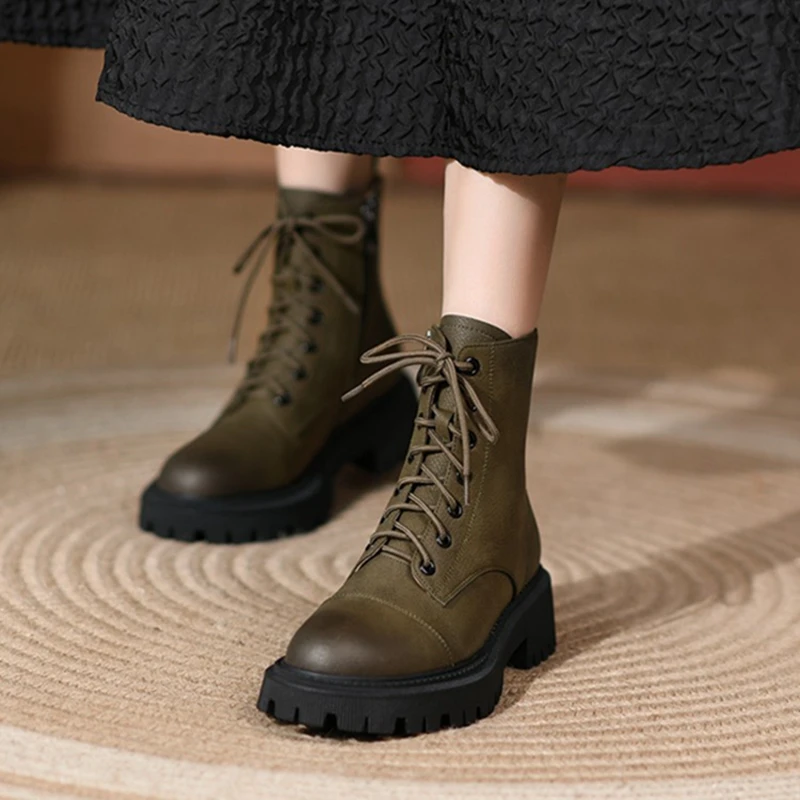 

NEW Fall Shoes Round Toe Thick Heel Women Shoes Winter Women Boots Split Leather Boots Casual Platform Boots Motorcycle Boots