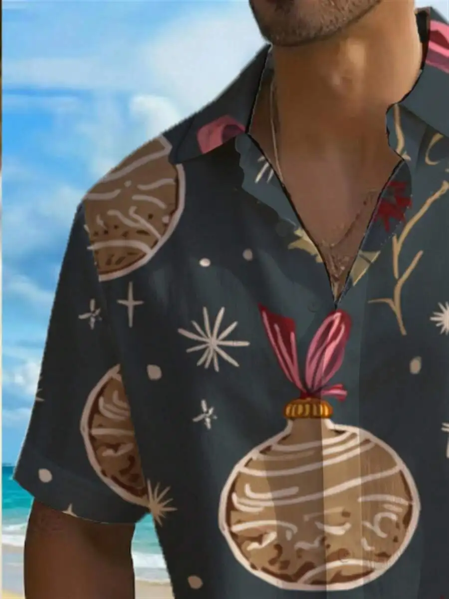 

Mens Holiday Ornament Print Casual Short Sleeve Button Up Shirt Beach Style