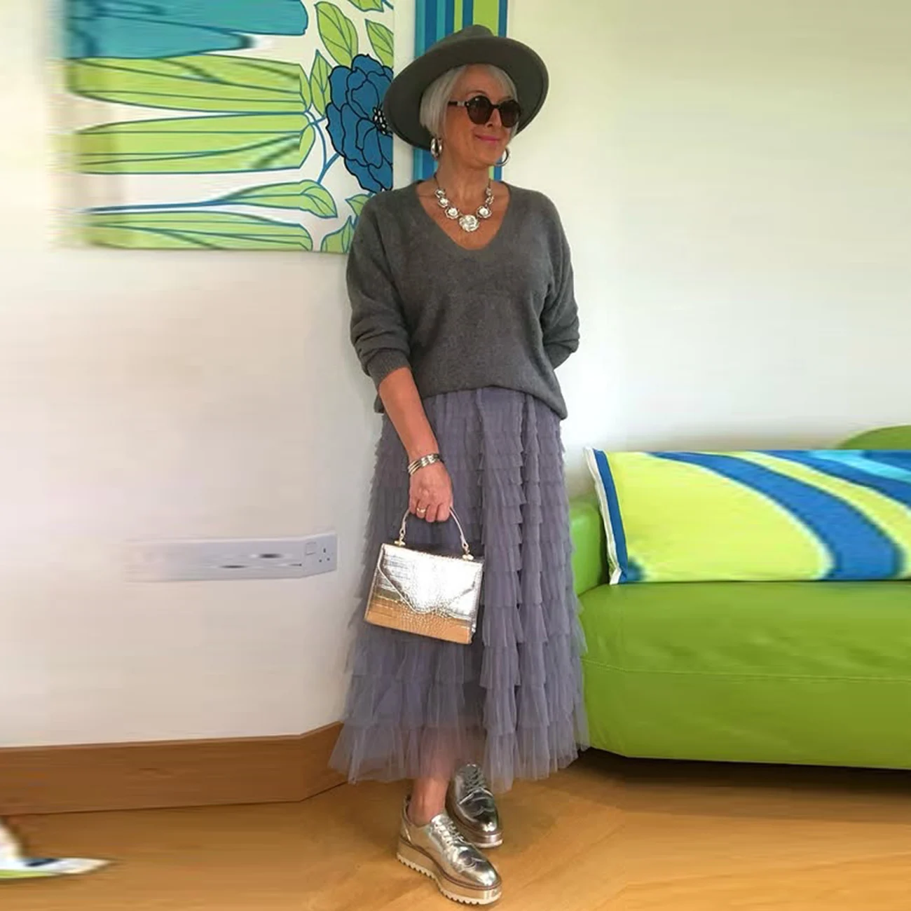 

Gorgeous Gray Tulle Tiered Skirt Elastic Waist A Line Ankle Length Maxi Skirt Office Lady Formal Party Skirt