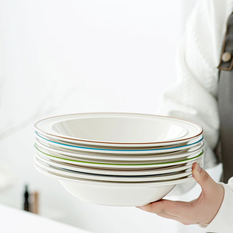 Ceramic Pasta Bowl White Porcelain Bowl with A Thin Colored Rim Kitchen Soup Bowls and Instant Noodle Bowls for Home Use
