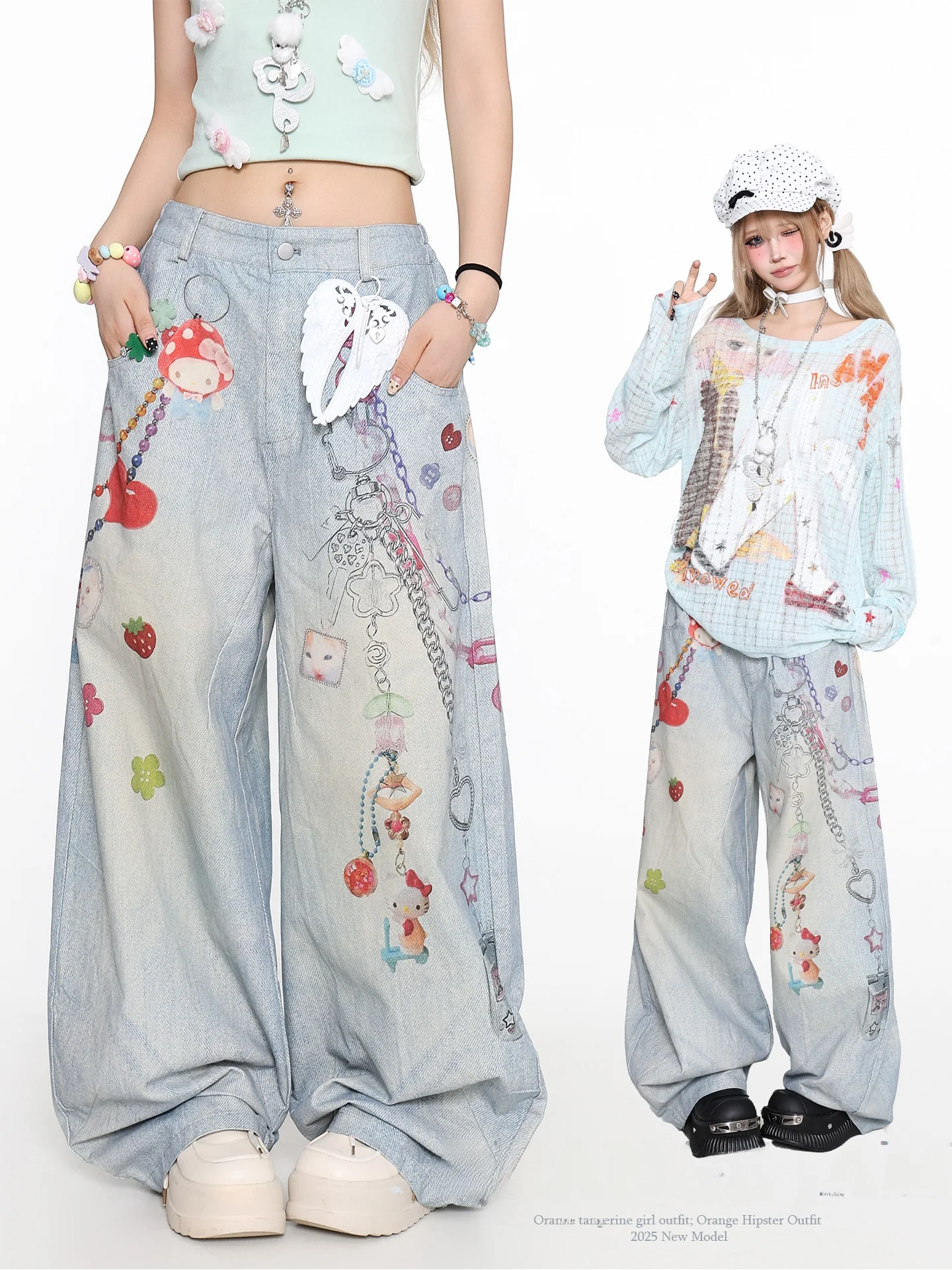 

Женские летние свободные джинсы YO3D с мультяшным принтом, оранжевые, с широкими штанинами, повседневный стиль, с естественной талией, из денима