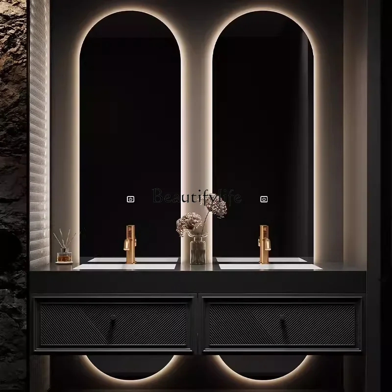 

4*Light luxury double basin bathroom cabinet combination rock slab integrated basin bathroom washstand
