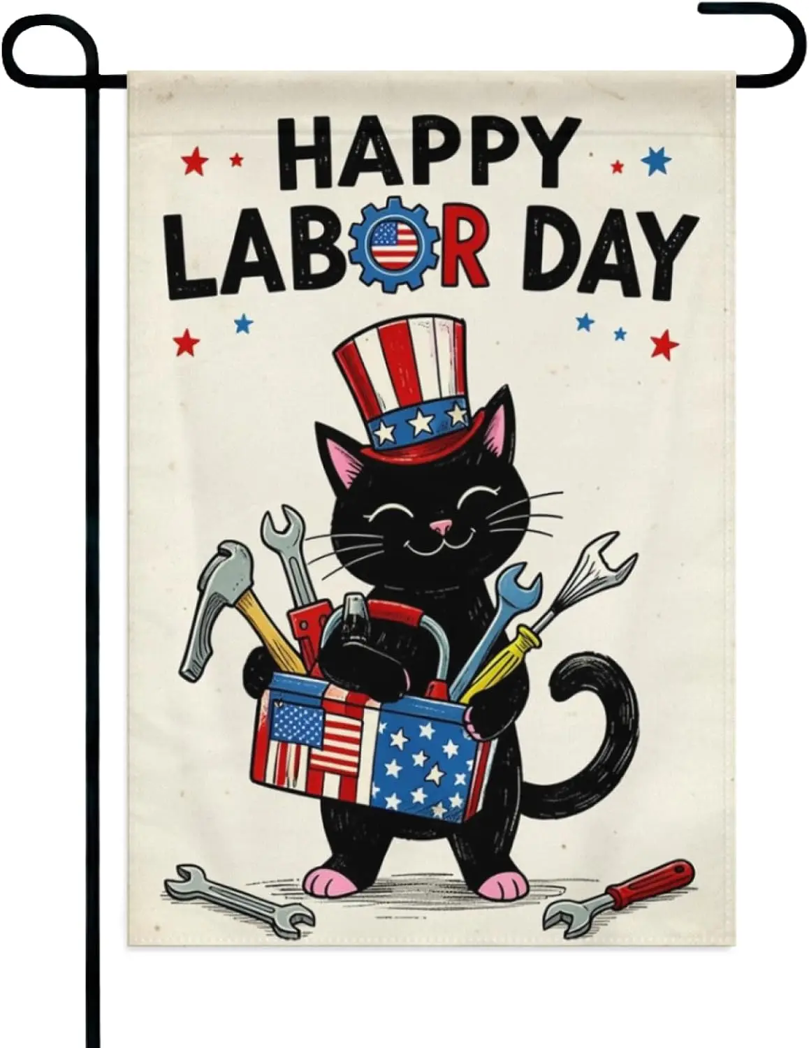 Happy Labor Day Black Cat Garden Flag 12x18 Inch Double Sided – Patriotic Tools & Uncle Sam Hat Outdoor Yard Decoration  yyi