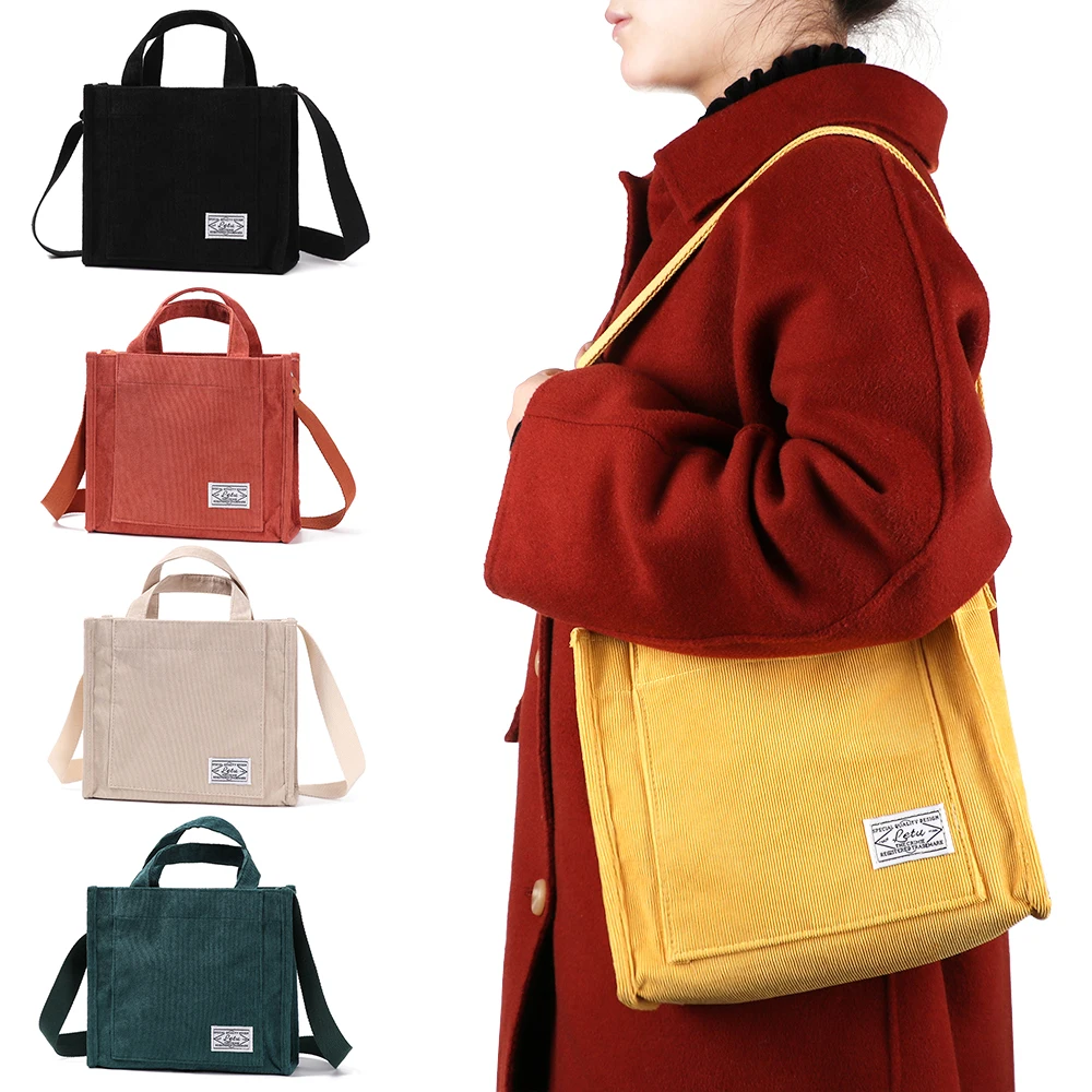 Vintage Women Zipper Shoulder Bag Cotton Corduroy Messenger Bags Small Canvas Handbag Casual Tote Female Eco Crossbody Bag