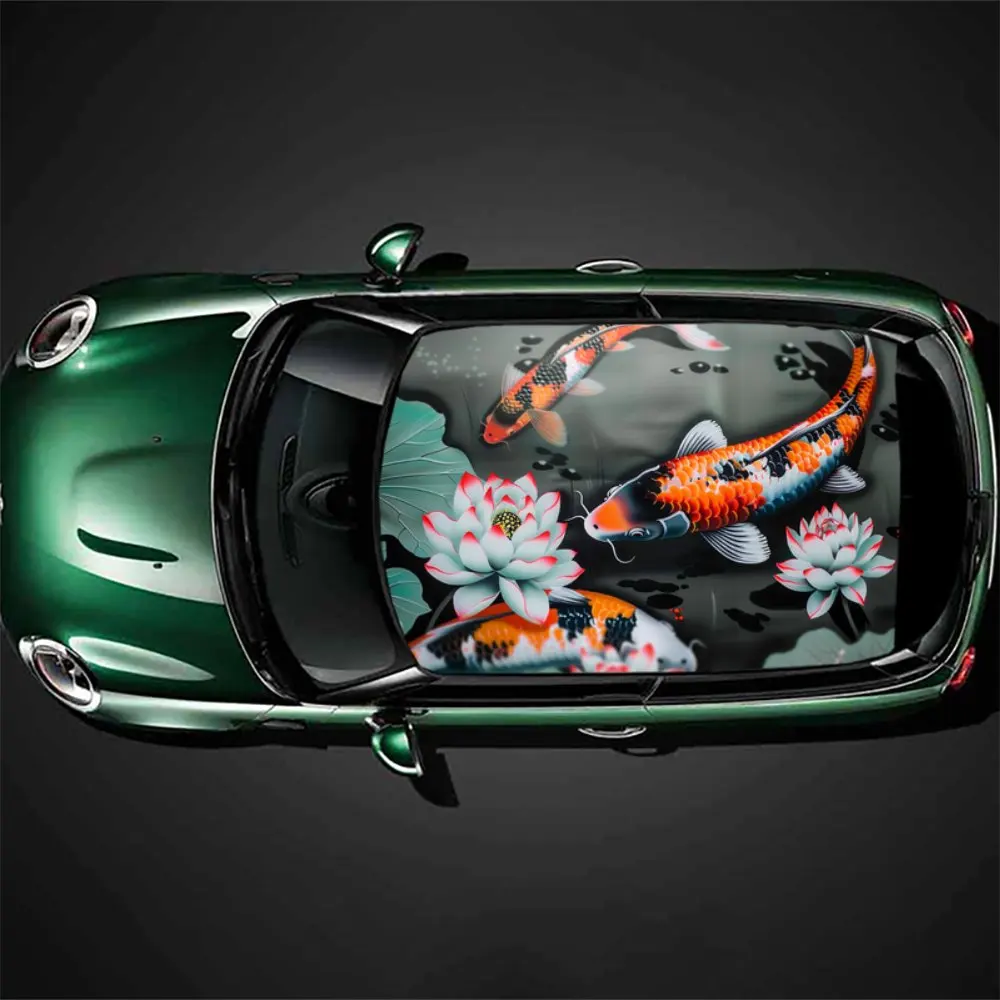 Japanese Koi Lotus Flower Car Roof Sticker Wrap Racing SUV Auto Accessories Packaging PVC Car Hood Graphic Decal Decoration Gift