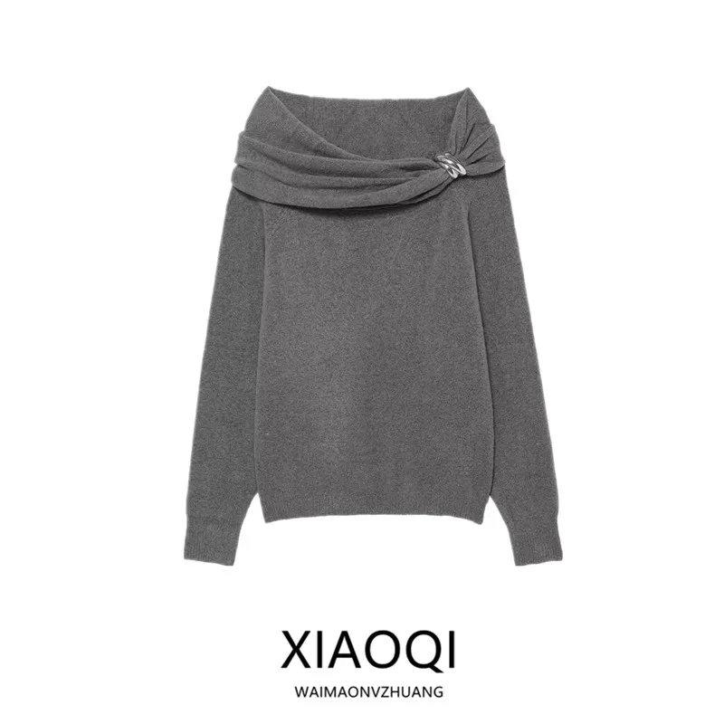 Metal Embellished Loose Knitted Shoulder Bared Women's Fashion Top for Autumn Season Versatile Long Sleeve Crew Neck Pullover