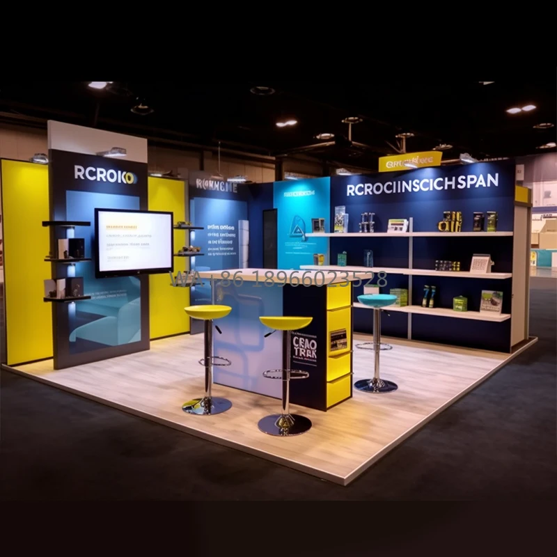 Conception de cabine d'exposition avec étagère TV, profil en aluminium, bord éclairé, présentoir mural en tissu de Tension sans cadre