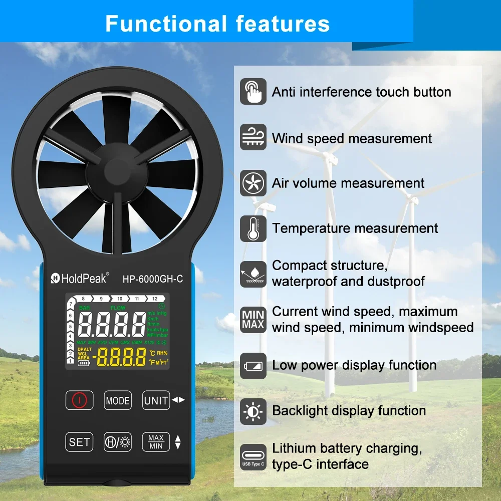 HoldPeak HP-6000GH-C Rechargeable Anemometer, HVAC Anemometer Waterproof Anemometer Color Touch-Screen, Air Flow Meter Handheld