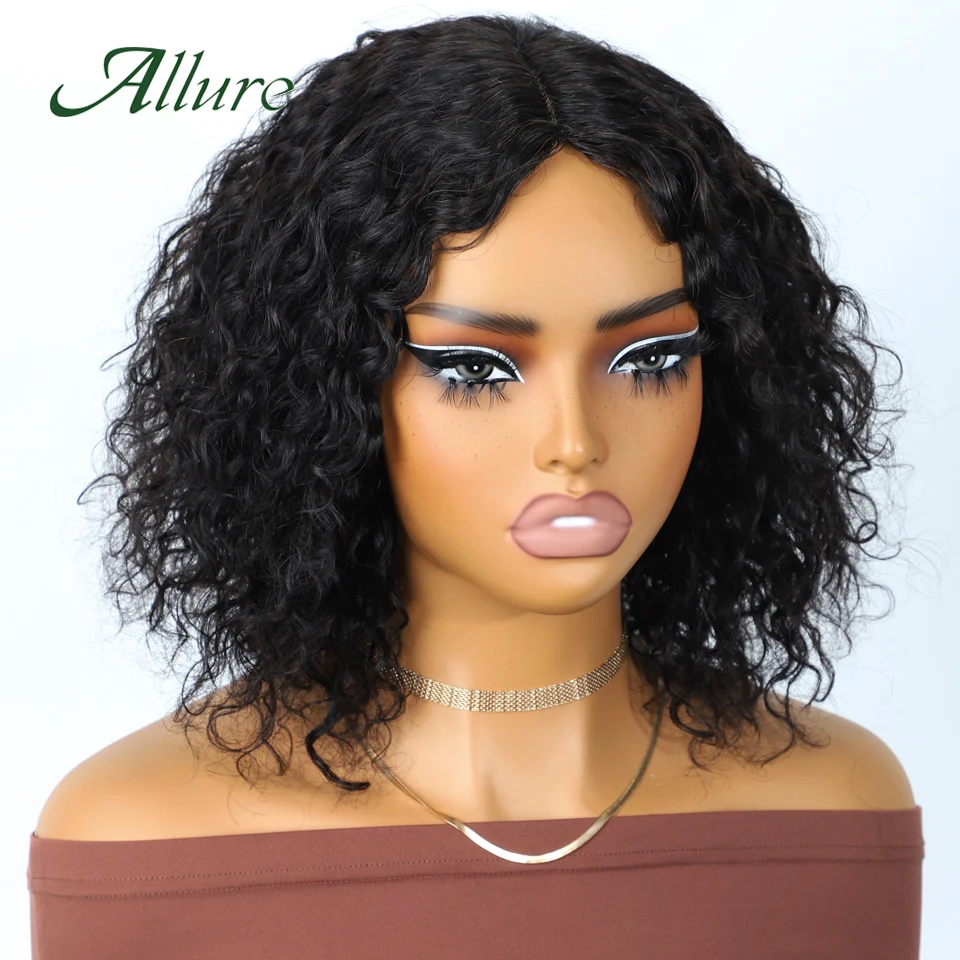 

Kinky Curly Human Hair Wig 10 inch Natural Black Colored Lace Wigs for Black Women 180% Density Brazilian Water Wave Hair Wig