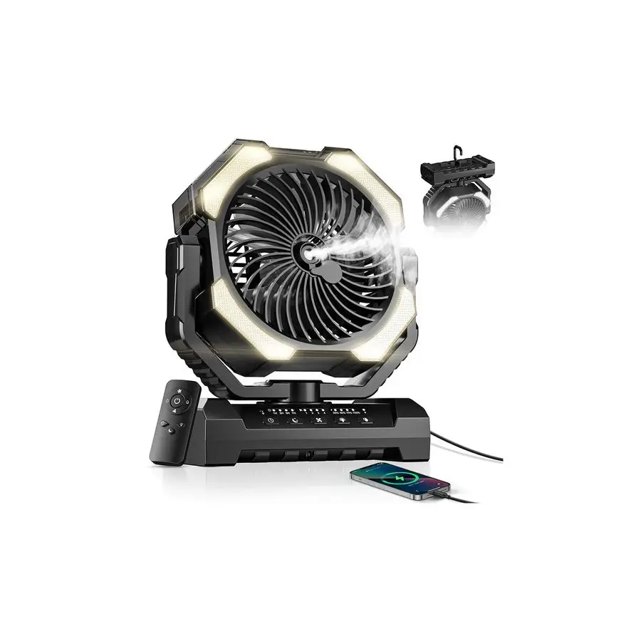 

Портативный вентилятор для кемпинга с резервуаром для воды на 9 унций, перезаряжаемый вентилятор на 24000 мАч с 4 скоростями, работающий от батареи, с 120-часовым охлаждением.