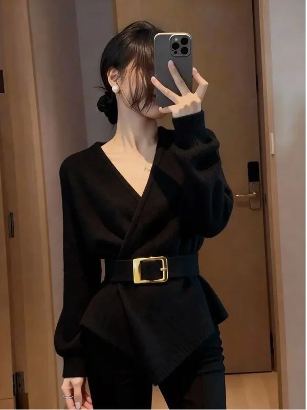 

Ele Simple Bla V-Ne Asymmetrical Top Faionable Versatile Winter Women's Knittedwear French Sle Regular Fit Long S...