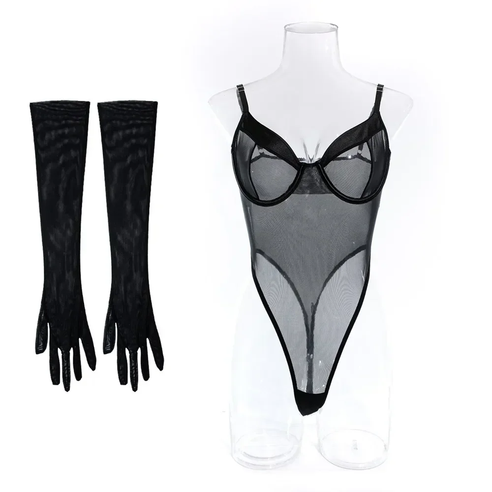 Skinny Bodysuit Women Sexy Lingerie Straps Backless Underwear See Through Jumpsuit Gloves Erotic Nightwear Mesh Sleepwear