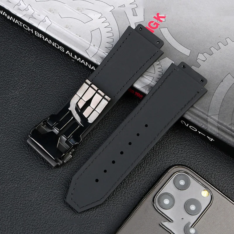 Watch Strap For Hublot Classic Fusion Big Bang Series Convex 26mm*19mm Cow Leather Rubber Watch Band Men