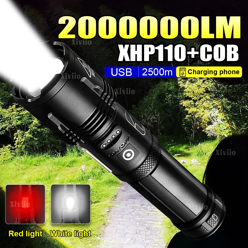 

Сверхмощный светодиодный фонарик XHP110, супер яркий фонарик COB, уличное сильное освещение, зарядка через USB, фонарик с большой диафрагмой