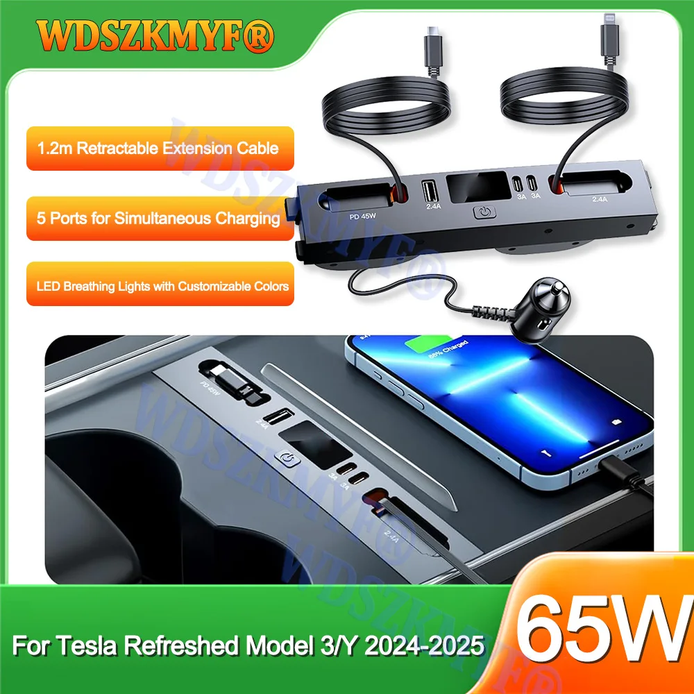 

For Tesla Model 3 24-25/ Y 25 Docking Station 45W 65W Hub USB LED Shunt Hub Extension Center Console Smart Sensor Quick Charger