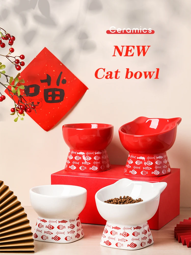 

Chinese Style Ceramic Elevated Cat Bowl Puppy Dog Food Water Snack Bowl Raised Cat Feeder Drinkers Cat Accessories Porcelain
