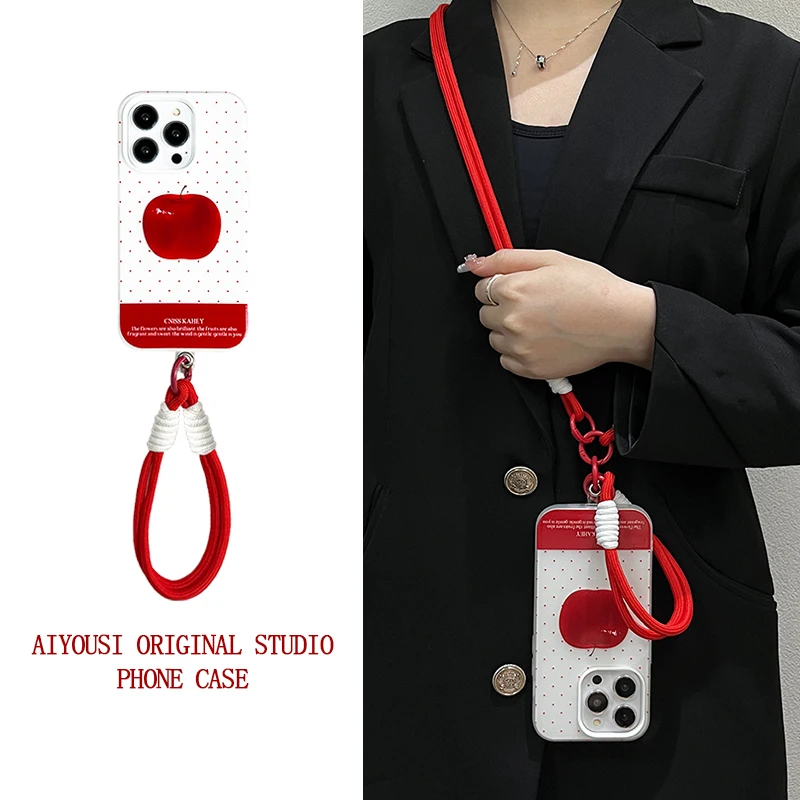 

Creative red polka dot apple handheld for apple 15 phone case iphone 14promax 13pro fall protection 12promax crossbody strap