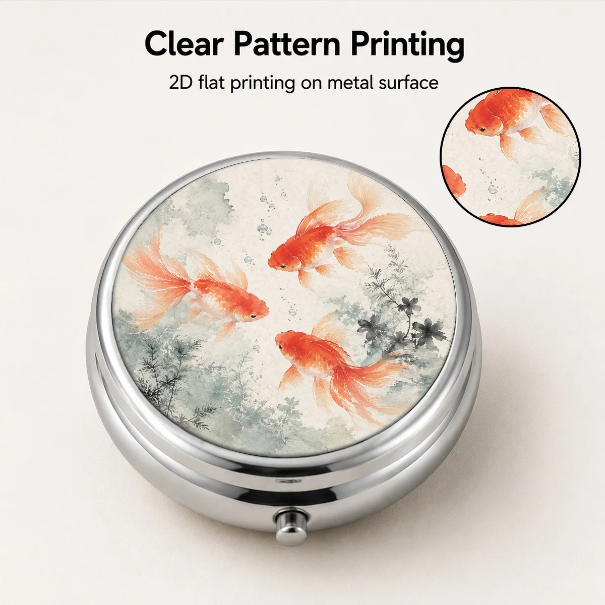 Single pack, flat print, featuring three ink-painted swimming koi fish with aquatic plants and bubbles, comes in a 3-compartment portable case, an excellent travel storage item, organizer for vitamins and small items, suitable for daily carry
