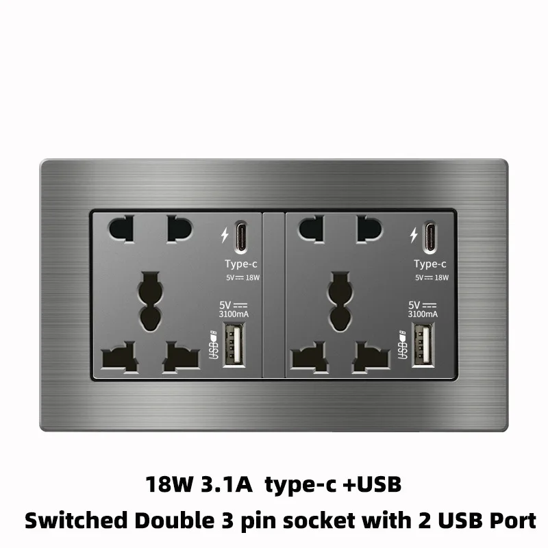 Aluminum Alloy Brushed Grey Panel Single Twin Socket with USB 3.1A Fast Charge Type C USB 13A UK Standard