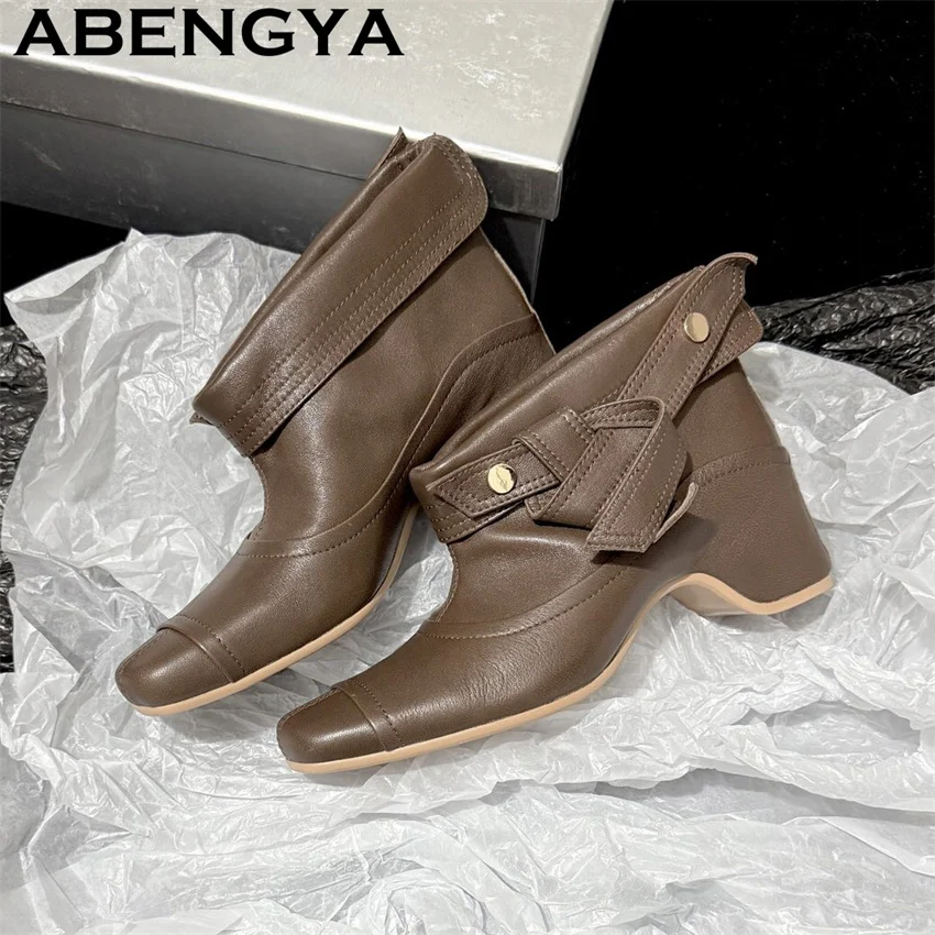 Genuine Leather Flanging Internally Short Boots Women Round Toe Wedge Heels Ankle Boots 2026 Winter Fashion Week Boots Woman
