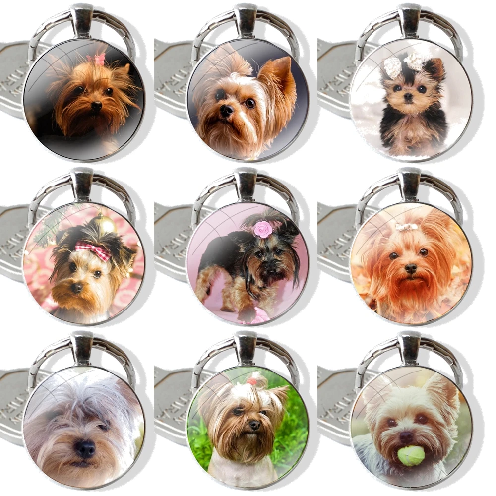 Keychain Handmade Glass Cabochon Key Ring Holder Pendant Key Chains Cartoon Design Creative Fashion Cute Yorkshire Terrier Dog