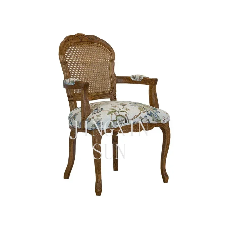 American country solid wood dining chair retro pastoral jacquard pattern fabric home with armrests leisure chair back chair