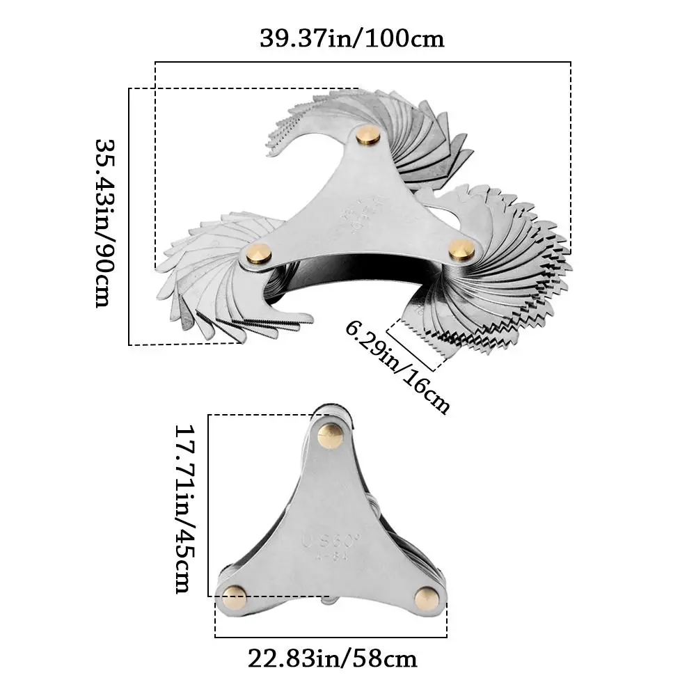 Calibrador de paso de tornillo de acero inoxidable de precisión, cuchillas de rosca de 60 grados, medidor de medición de rosca 4-84, herramienta de medición triangular, 51 piezas