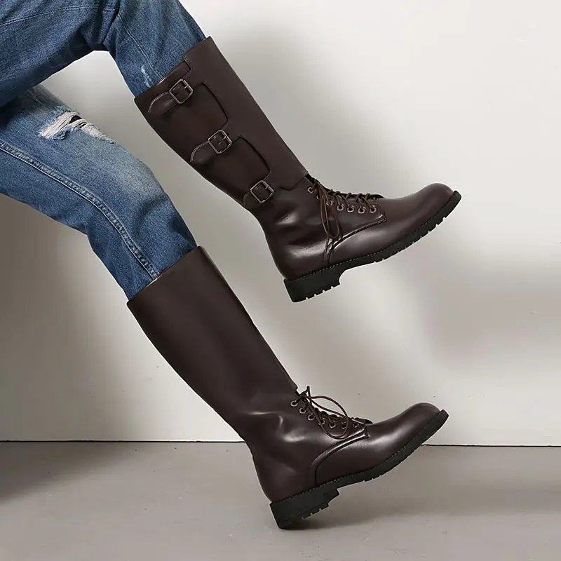 ORCHA LISA 2025 Men's Riding Boots Round Toe Lace Up Belt Buckles Metal Decoration Large Size 47-49 Soft Daily Knee High Bota