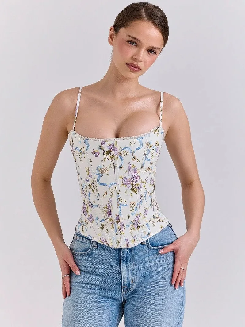 مثير الخصر Cinching سليم صالح المرأة سترة Strapl ort طول الأزهار طباعة المحملة خلات الألياف ملابس داخلية بواسطة غير معروف B... #2