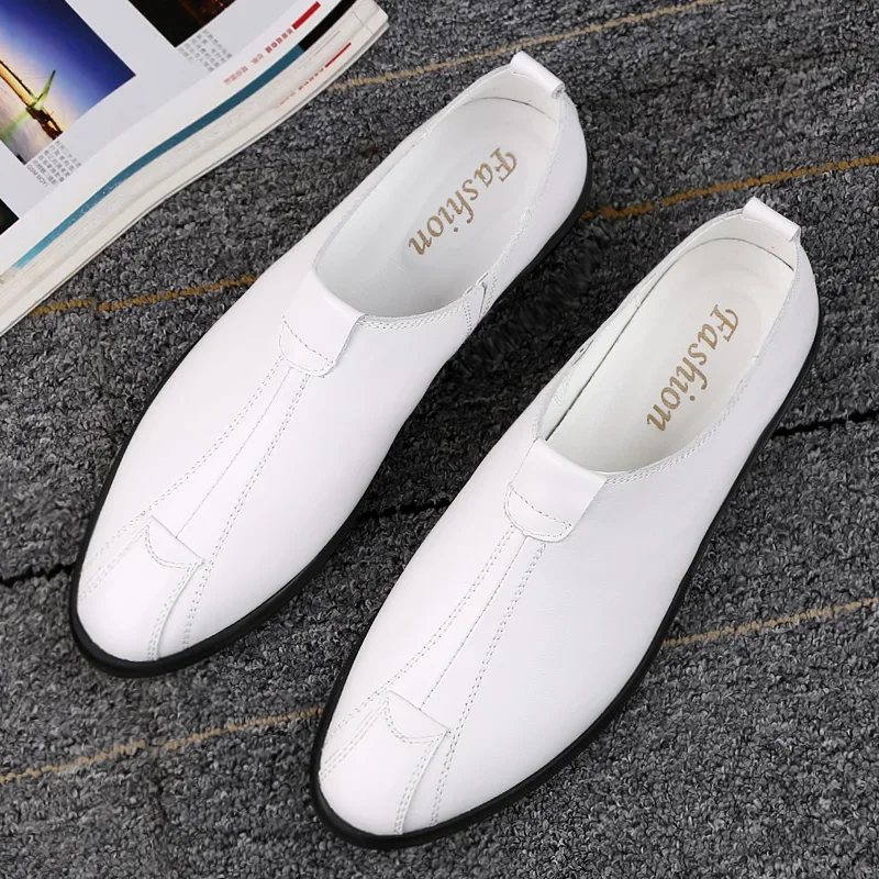 

Spring Men Office Work Formal Shoes Slip on Loafers Men White Moccasins Wedding Vintage Genuine Leather Luxe Mens Slip on Shoes