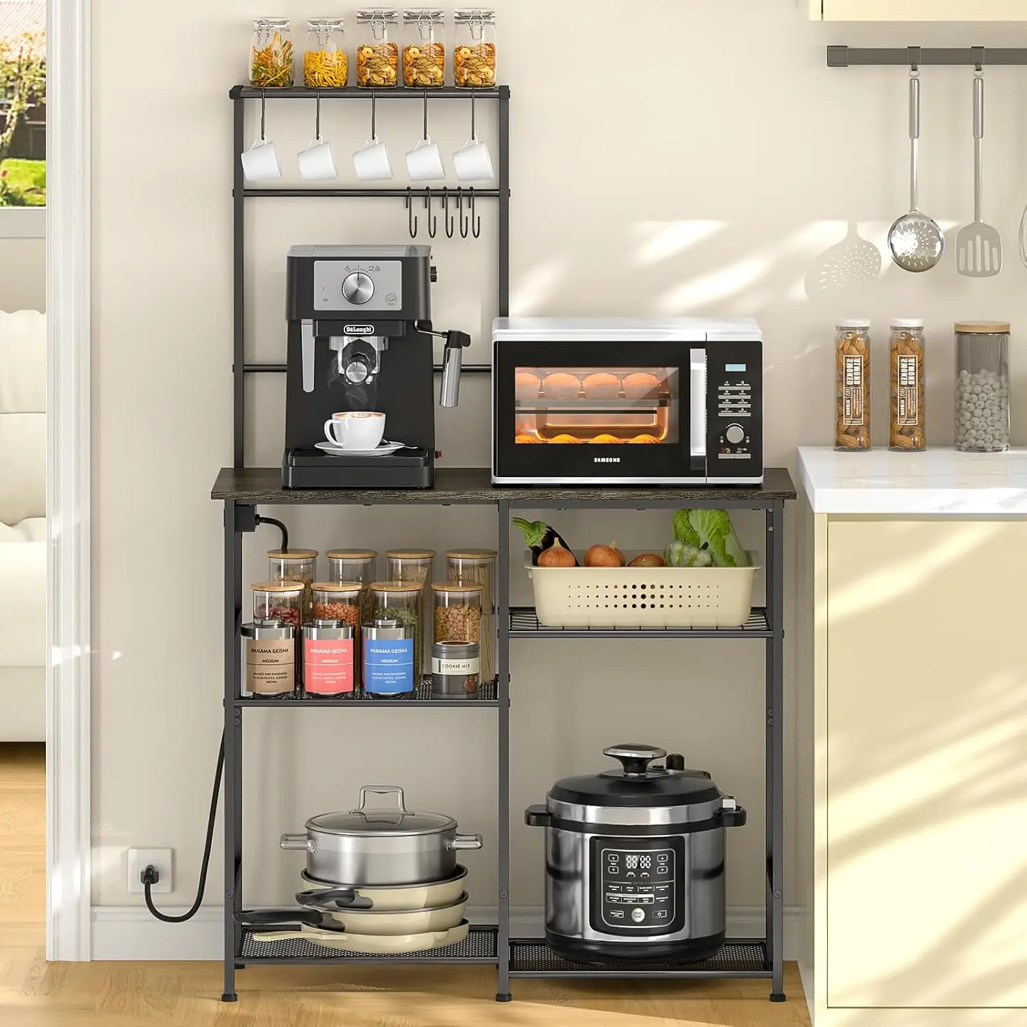 

Bakers Rack with Power Outlet, Kitchen Microwave Stand with 10 S-shaped Hooks, 6-Tier Coffee Bar Station, Kitchen Stora