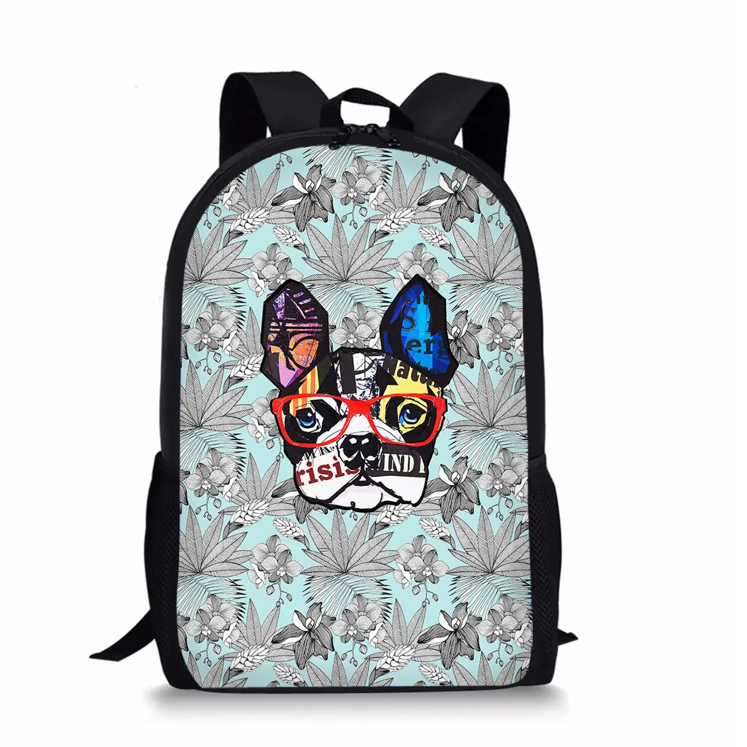 Bolsa de escola buldogue francês para meninos e meninas, sacos de livros casuais infantis, flores, animais, estampas de cães, mochila