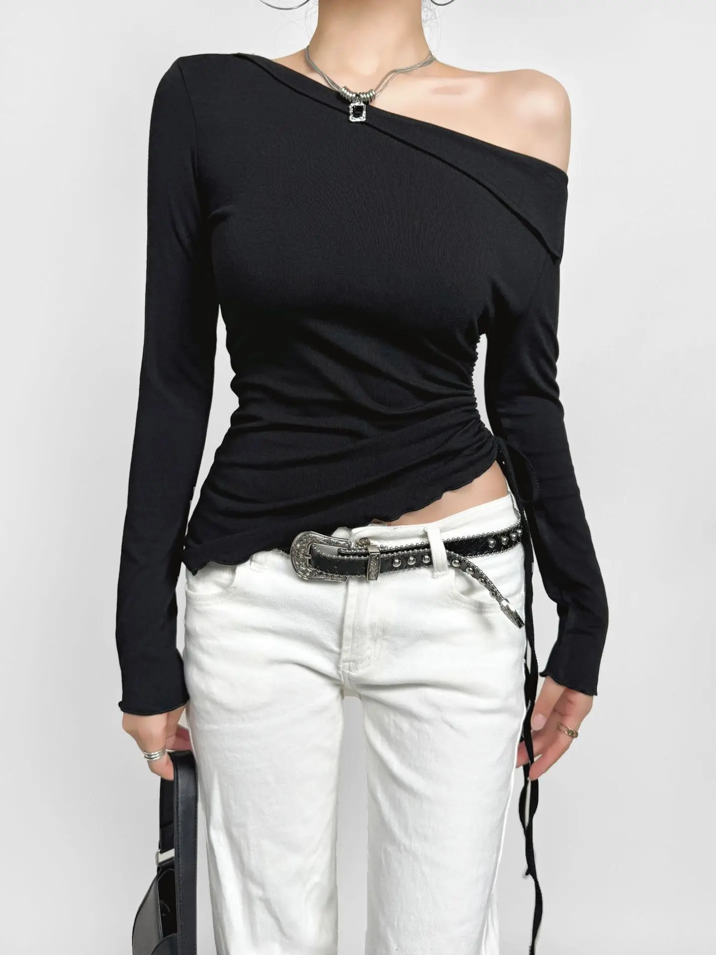 Ontwerp 2024 herfst gevoel schuif hals off shoulder lange mouw trui vrouwen cinching taille effen slanke casual veelzijdige top 45 MH