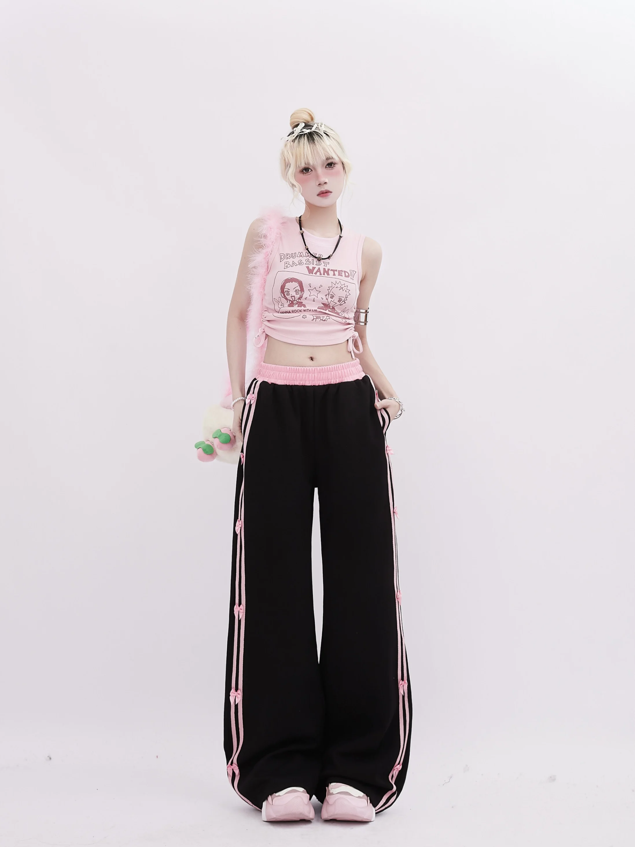 Women\'s Black Gothic Striped Pants Harajuku Streetwear Sweatpants Jogger Y2k 2000s Aesthetic Bow Pants Vintage Trousers Clothes