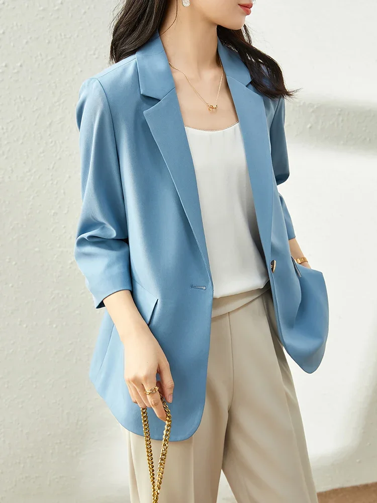 SENTUBILA Office Lady Solid Blazer Professional Three Quarter Sleeve Straight Business Suit Jacket Blazer For Women 101X29035