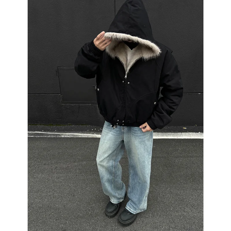 Men's suede hooded cotton jacket, fashionable trend, plus size short jacket, warm autumn and winter men's clothing