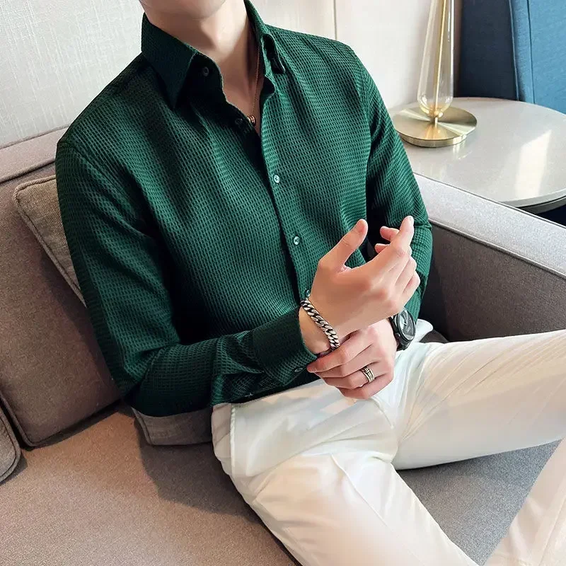 

Male Shirts Green Plain Men's Shirt Business Waffle Designer Fashion Hipster Regular Elegant Slim Fit Cheap Brand Social JJ1437