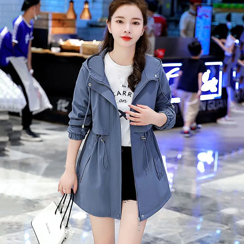 New Long Trench Coat Female Spring Autumn Loose Hooded Parker Outerwear Womens Korean Casual Windproof Formal Wear Zipper Frenum